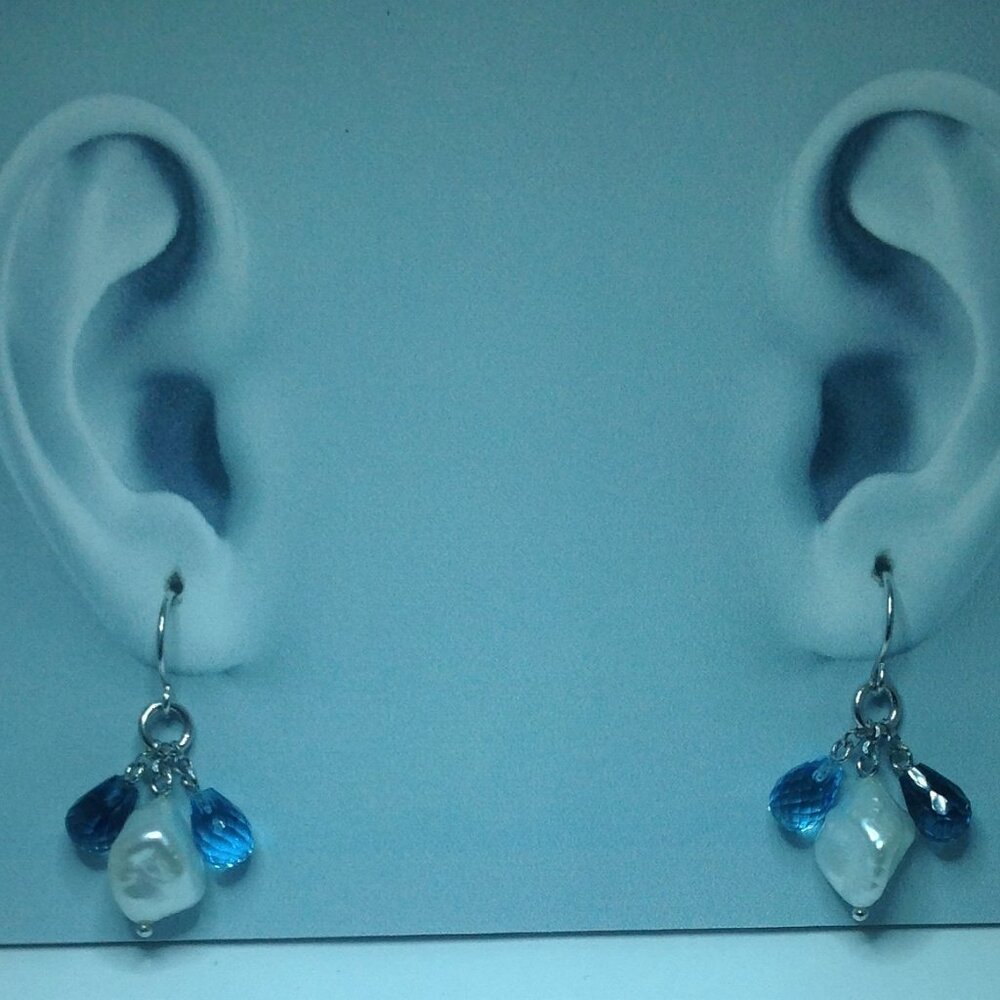 Silver 2 Tear Drop Blue Topaz Fresh Water Pearl Earring